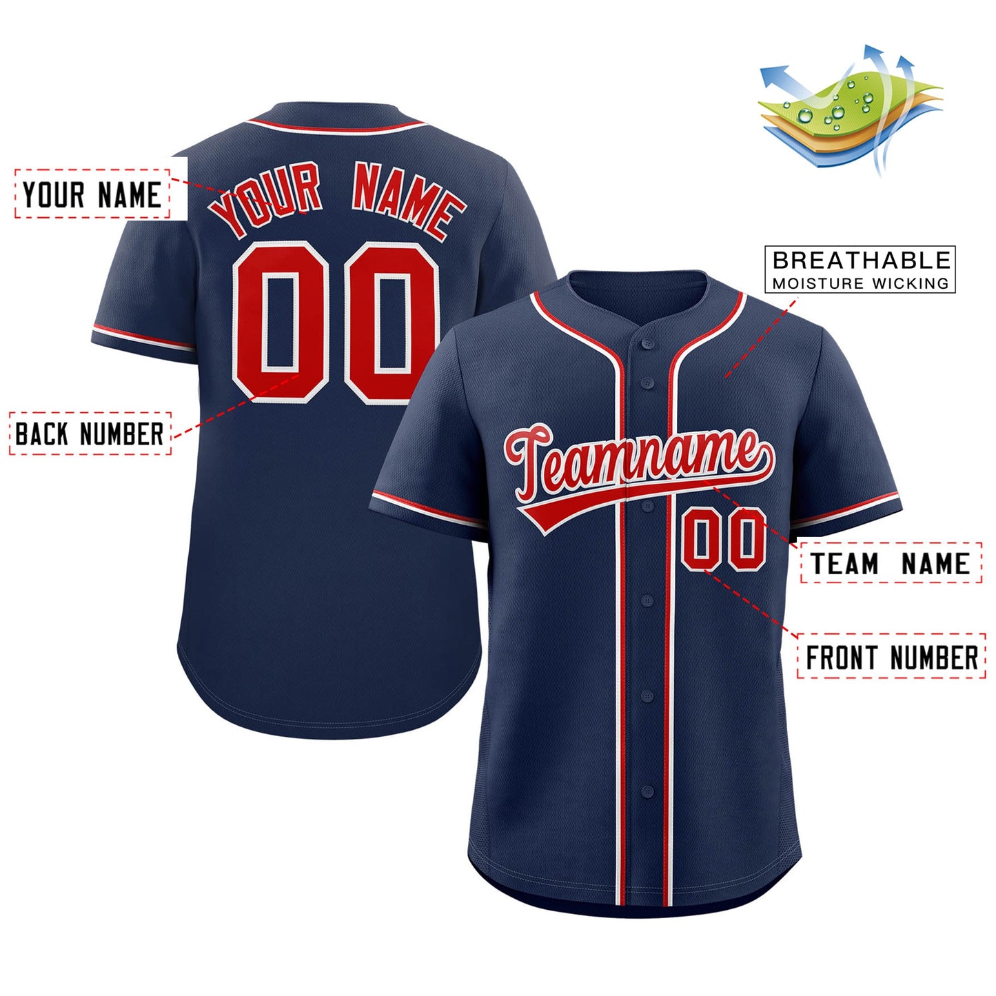 Custom Navy Red-White Classic Style Authentic Baseball Jersey 3