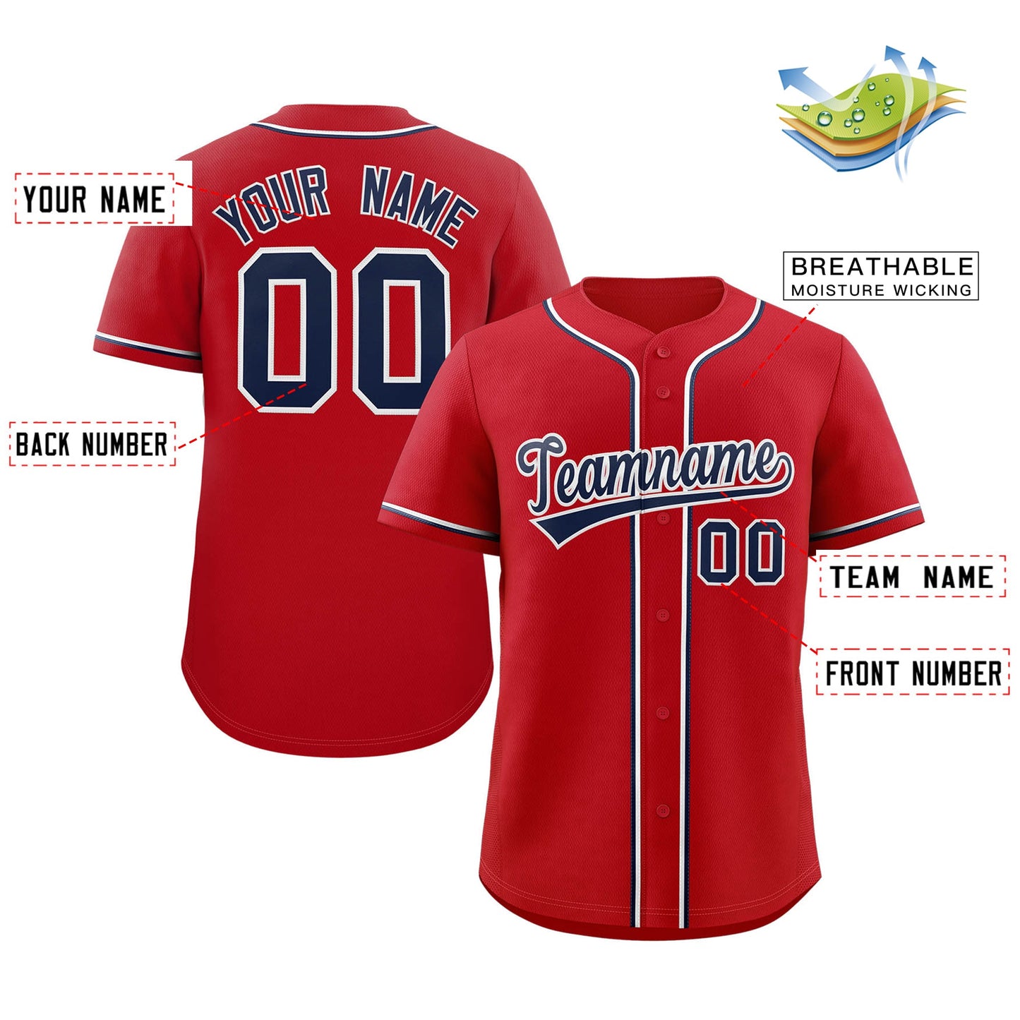 Custom Red Navy-White Classic Style Authentic Baseball Jersey 2